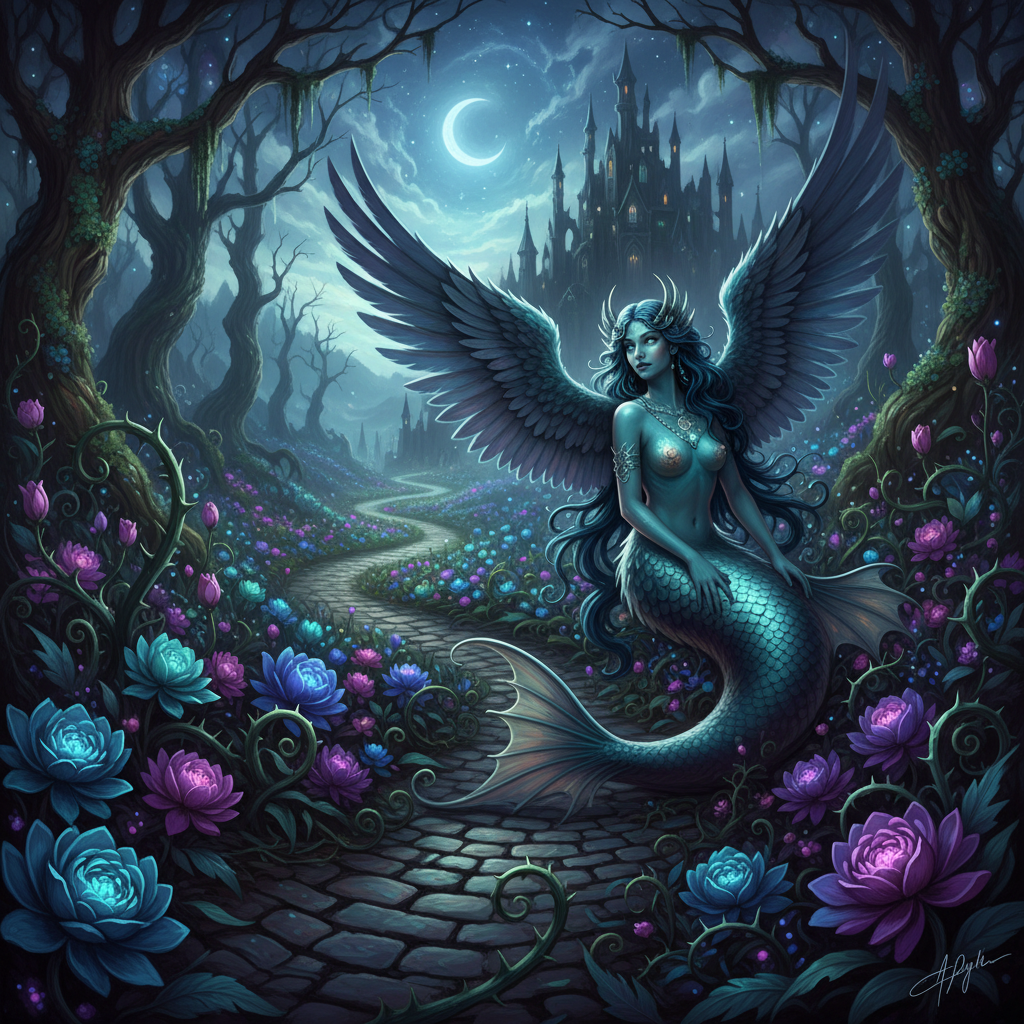 Mythical siren on flower-covered dark road